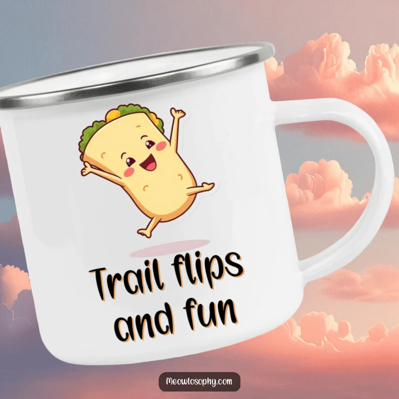 Funny Camping Mug showing an anthropomorphic tortilla character doing a lively cartwheel, for outdoor fun and active enjoyment.