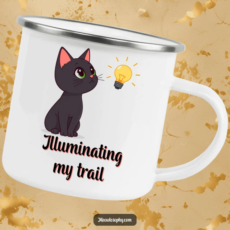 Funny black cat camping mug, cat looking up at lightbulb, symbolizes adventure and bright ideas, durable outdoor gift.