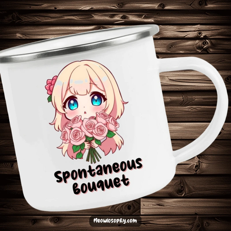 Funny camping mug featuring a character with a comically surprised expression holding a bouquet of sparkly roses, perfect for outdoor humor.