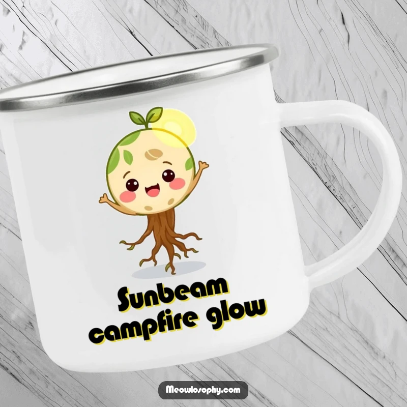 Funny Happy Earth character with roots wiggling, dancing in a sunbeam, a camping mug for outdoor adventures and eco-appreciation.
