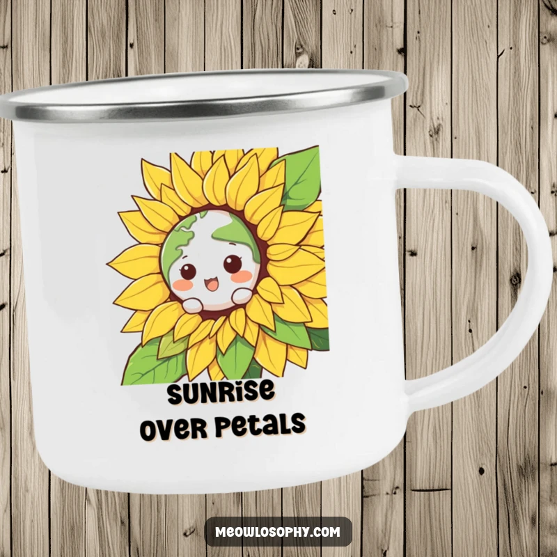 Funny Kawaii Earth character peeking from a smiling sunflower on a rugged camping mug, perfect for humorous outdoor enjoyment.
