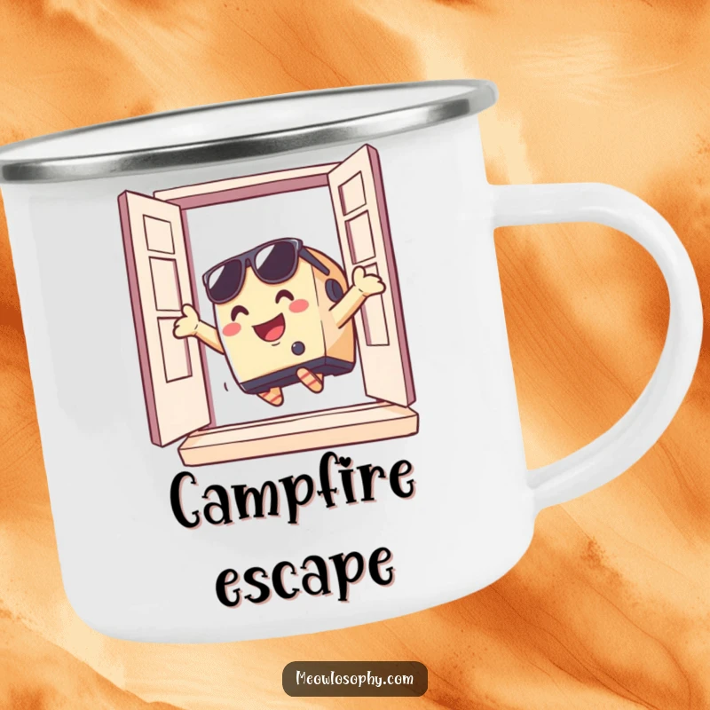 Funny toaster wearing sunglasses jumping out of a window on a durable camping mug, ready for adventurous outdoor moments.
