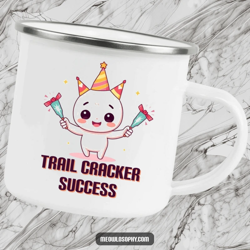 Funny Adorable Juggler Camping Mug showing a character juggling sparkling party crackers. Humorous and durable outdoor gift.