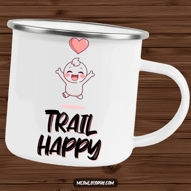 Funny camping mug showing an adorable character jumping for joy with a heart emblem, perfect for happy campers and outdoor fun.