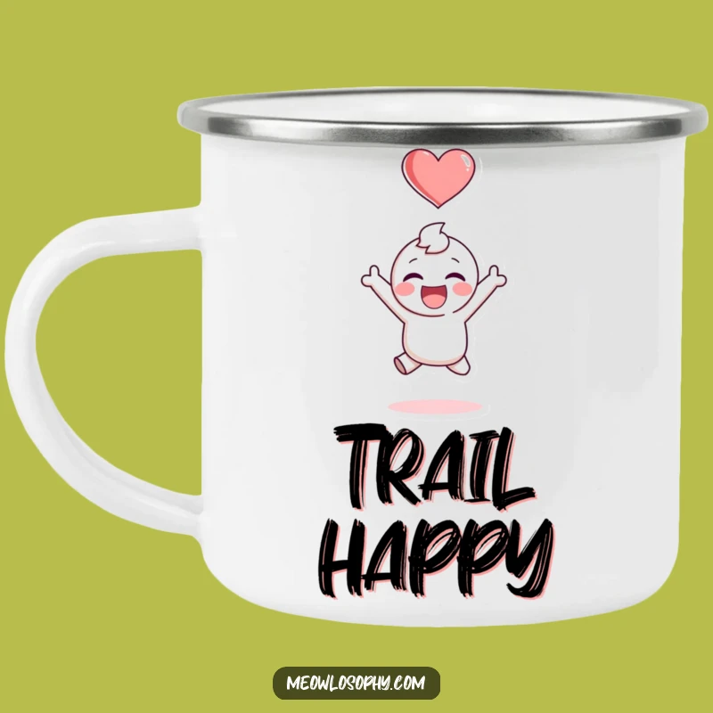 Funny Campfire Joy Mug: Adorable Character's Happy Leap, Perfect Outdoor Gift
