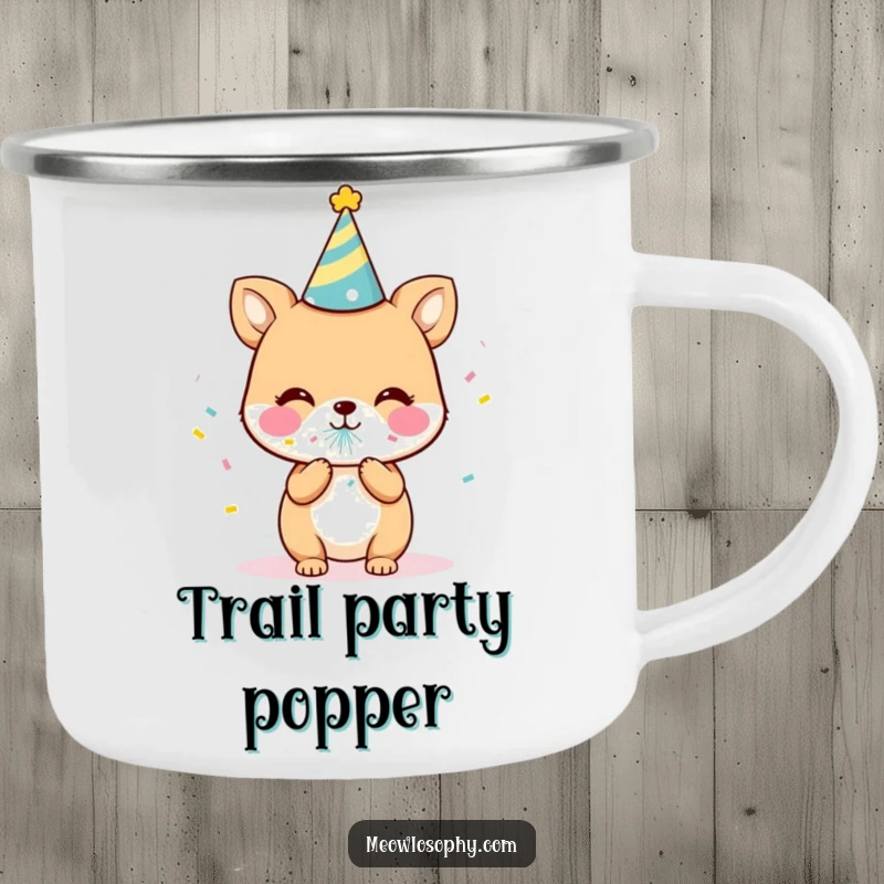Funny Party Animal Camping Mug showing a cute character, party hat, and confetti popper. Humorous and durable outdoor gift.