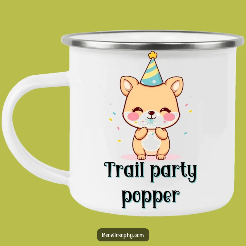 Funny Party Animal Camping Mug: Cute Character Popping Confetti, Outdoor Celebration Gear