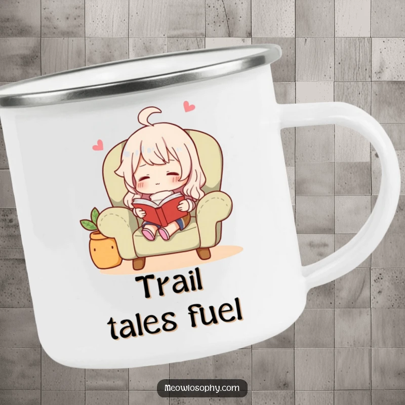 Funny character reading a book in a cozy armchair, perfect for a durable and rustic enamel camping mug.
