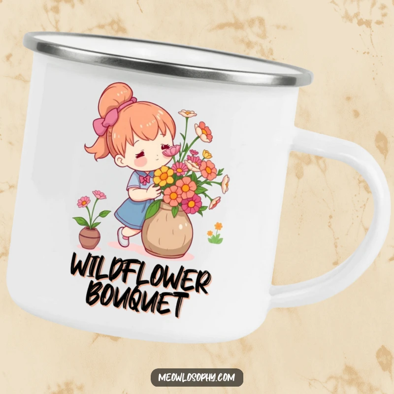 Funny cute character arranging fresh flowers in a rustic vase with care, for a rustic enamel camping mug.