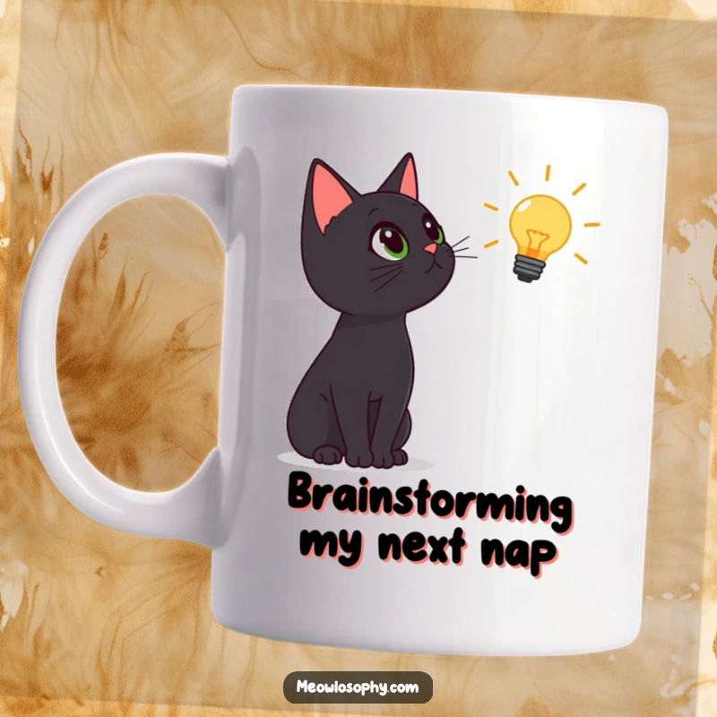 Funny black cat mug, wide-eyed and looking up at a glowing lightbulb, symbolizing curiosity and a great idea, perfect gift.