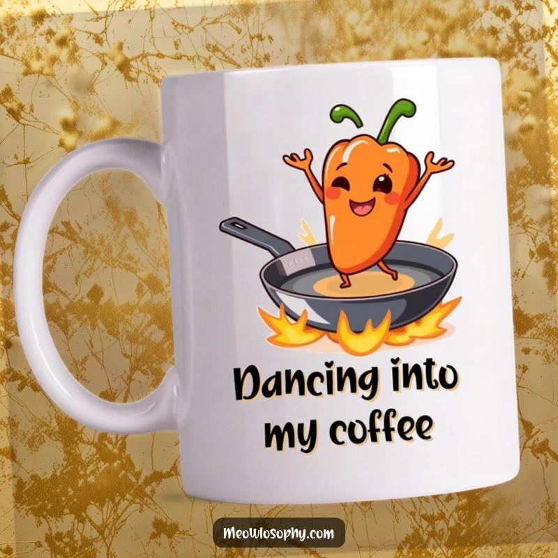 Funny grilled pepper character smiling and dancing playfully on a sizzling skillet graphic, on a humorous mug.