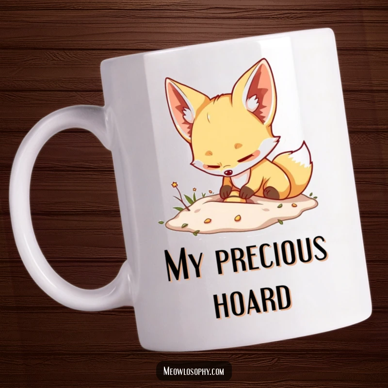 Funny Adorable Fennec Fox Mug with oversized ears, enthusiastically burying a tiny, sparkling treasure in the sand, showcasing pure joy.