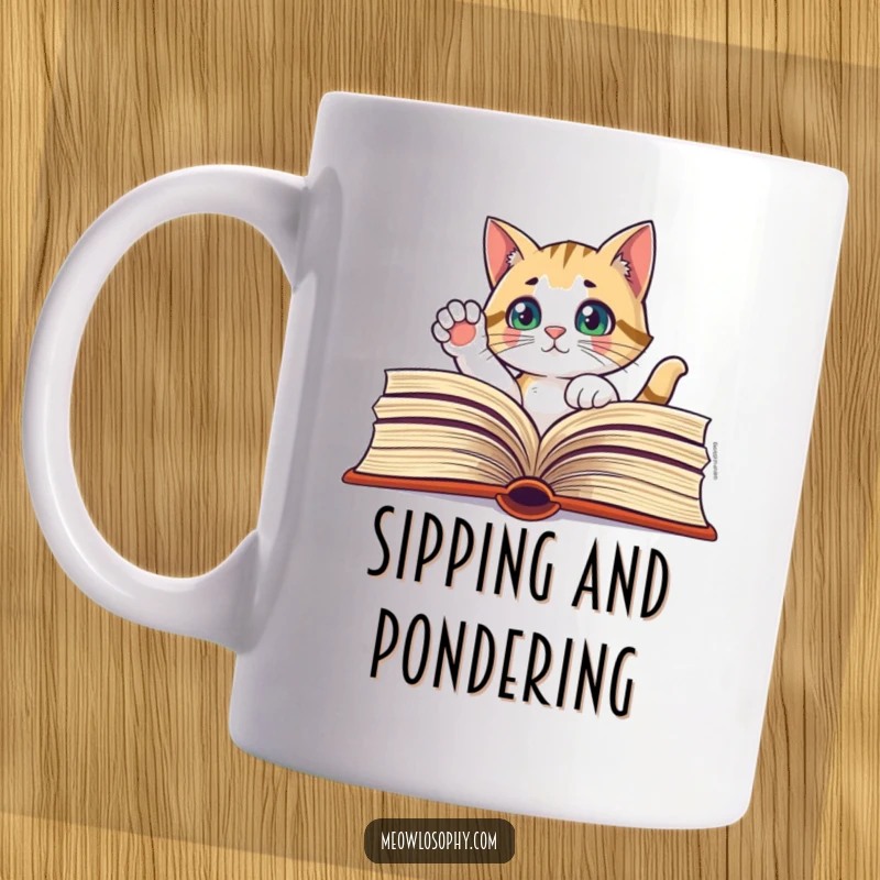 Funny mug showing a curious cat peeking through a large open book, with one paw thoughtfully raised.