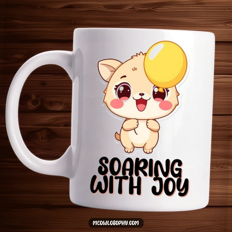 Funny Excited Animal Mug featuring a character with wide, excited eyes holding a brightly colored balloon. A joyful and humorous celebratory gift.