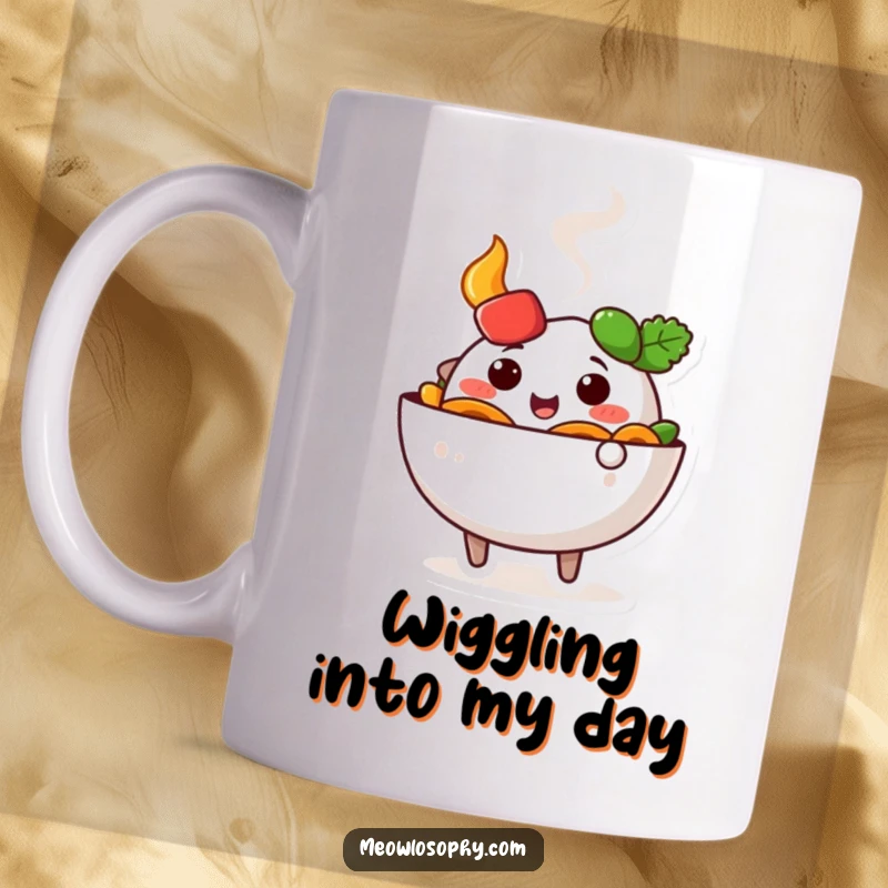 Funny, cute fajita bowl character doing a happy wiggle with steam, on a delightful, humorous mug.
