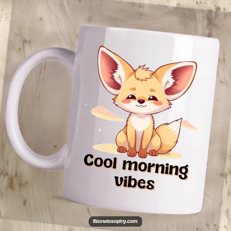 Funny Fennec Fox Mug with enormous ears spread wide, eyes closed contentedly, savoring a gentle desert breeze.
