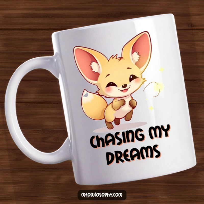 Funny mug featuring a fennec fox with large ears joyfully chasing a glowing firefly, evoking wonder and nighttime magic.