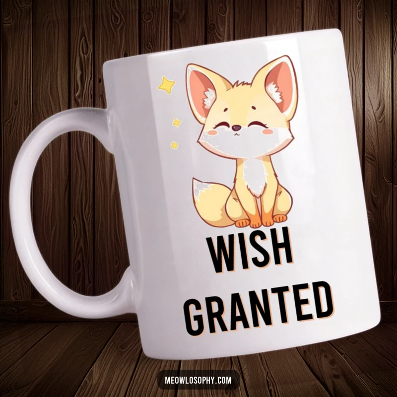 Funny Fennec Fox Mug with large ears tilted, staring intently with curiosity at a bright falling star in the night sky.