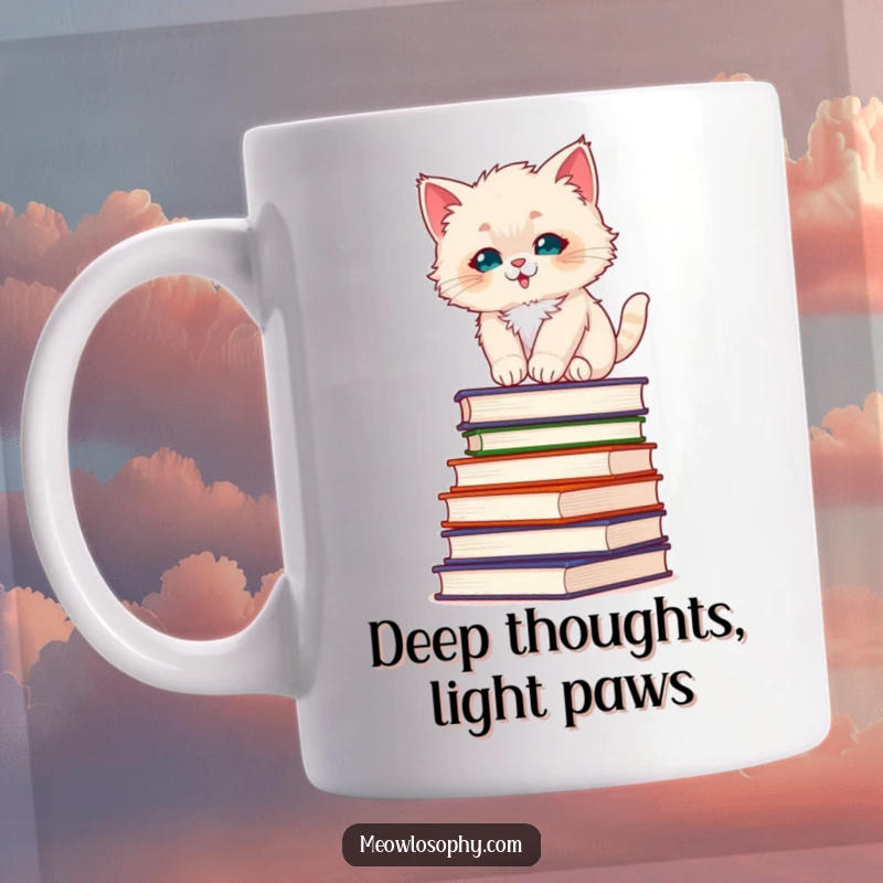 Funny fluffy kitten mug, precariously balanced atop a stack of philosophy books, embodying thoughtful contemplation and feline charm.