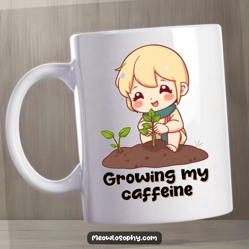 Funny mug showing a cute character happily tending a tiny garden, smiling warmly at a newly sprouting seed, embodying gentle joy.