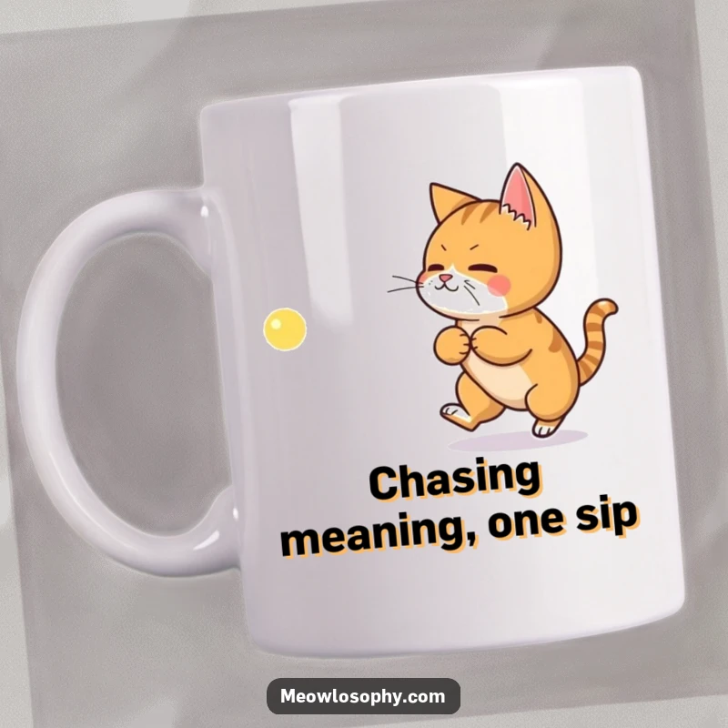 Funny mug depicting a ginger cat intently chasing a laser dot shaped like a philosophical symbol.