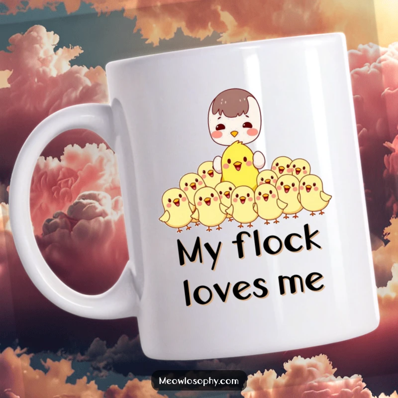 Funny kawaii mug depicting a character feeding a flock of cheerful, plump birds. Adorable and heartwarming design for bird enthusiasts.