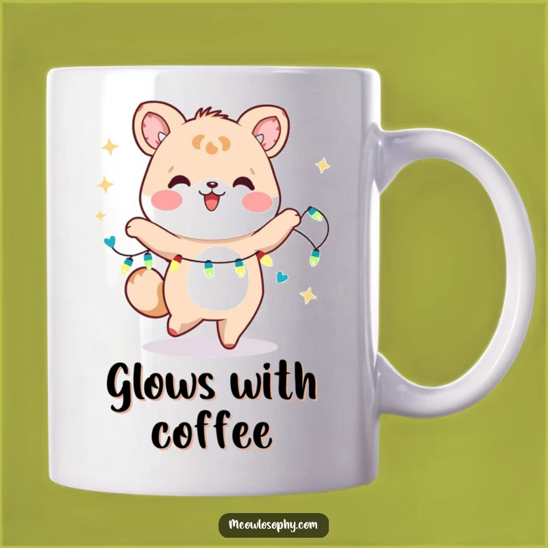 Funny Kawaii Dancer Mug: Joyful Animal with Fairy Lights, Perfect Gift for Bright Souls