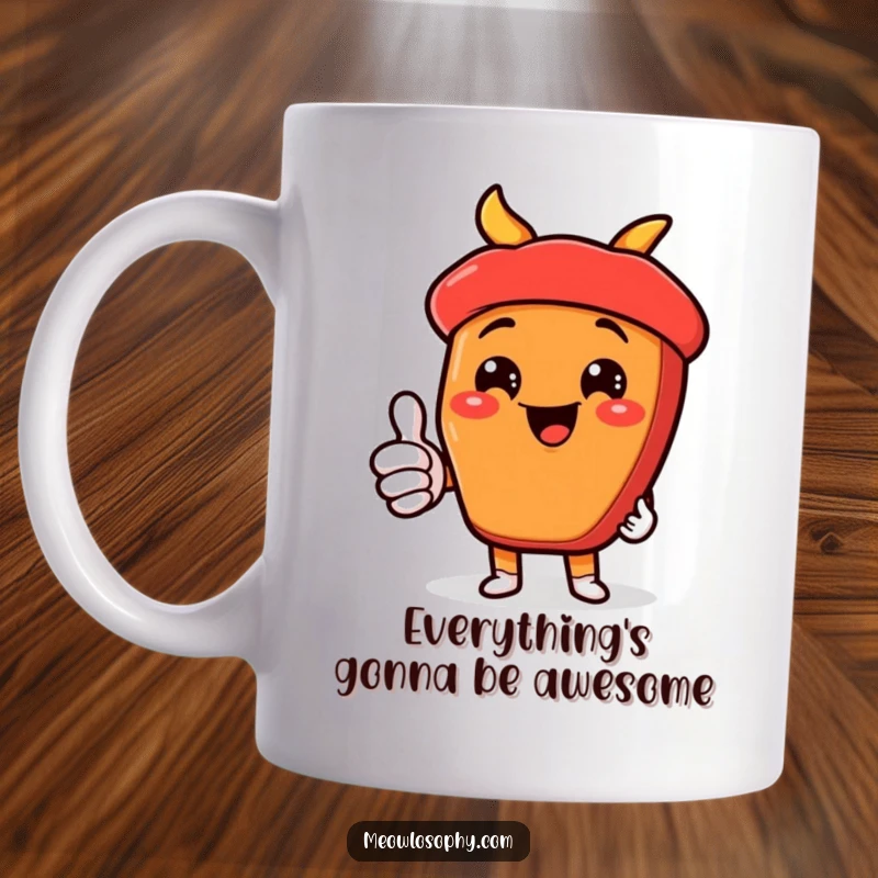 Funny kawaii fajita ingredient character giving a thumbs-up with a big cheesy grin, on a humorous mug.