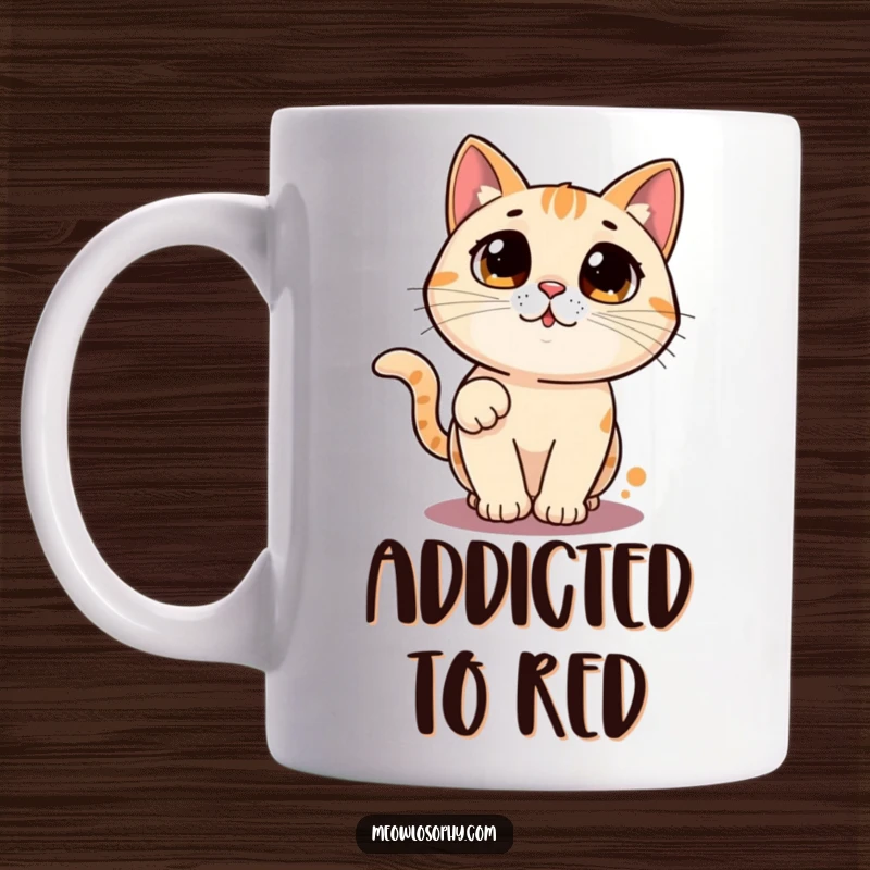 Funny cat mug with a wide-eyed character chasing a laser pointer dot in a circle, humorous coffee cup for cat lovers.