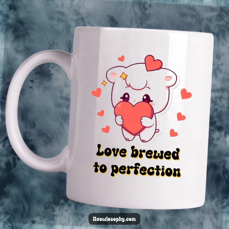 Funny mug featuring a cute character with stars in its eyes, holding a large, red heart, radiating love and adoration.