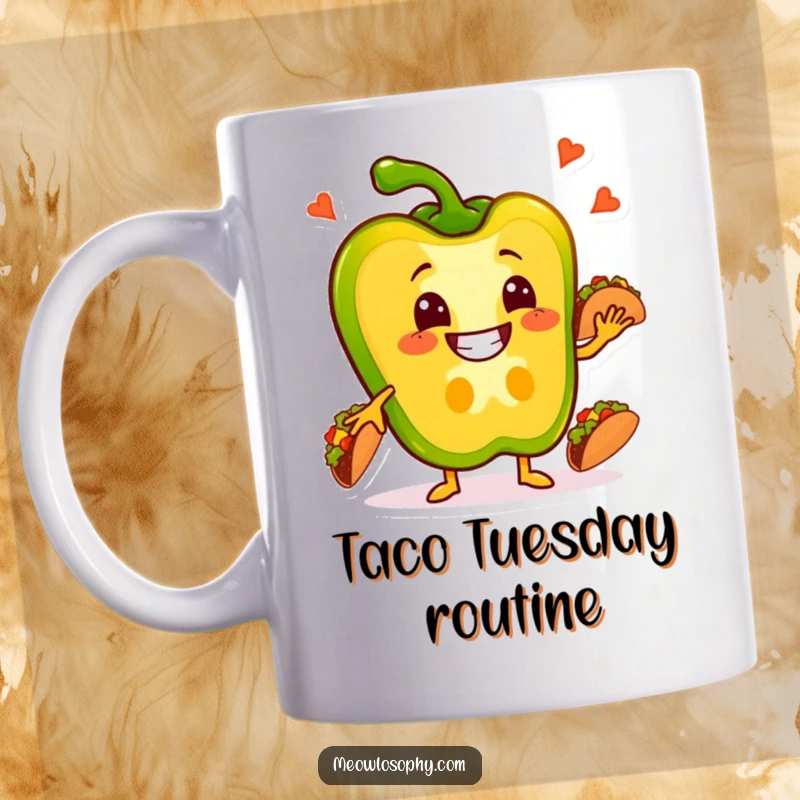 Funny Bell Pepper Mug grinning and juggling small tacos, celebrating a fiesta of flavor and fun.