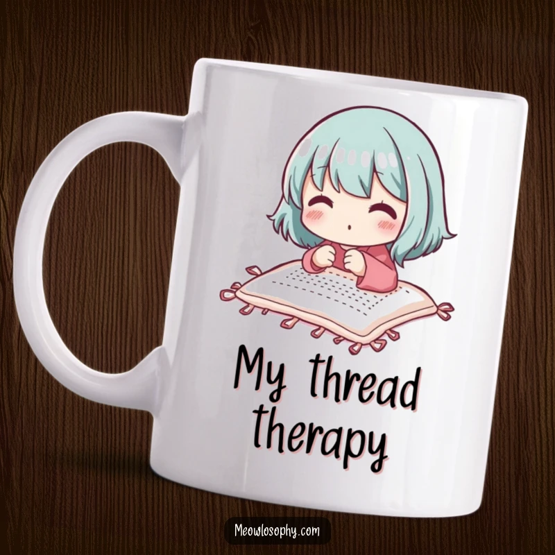 Funny adorable character diligently stitching a small, colorful quilt with intense focus and delight on a mug.