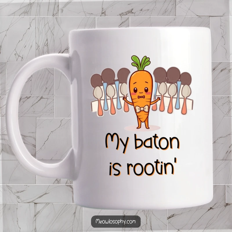 Funny mug with a shy carrot in a tiny bowtie conducting a spoon orchestra, expressing artistic ambition with a humorous twist.