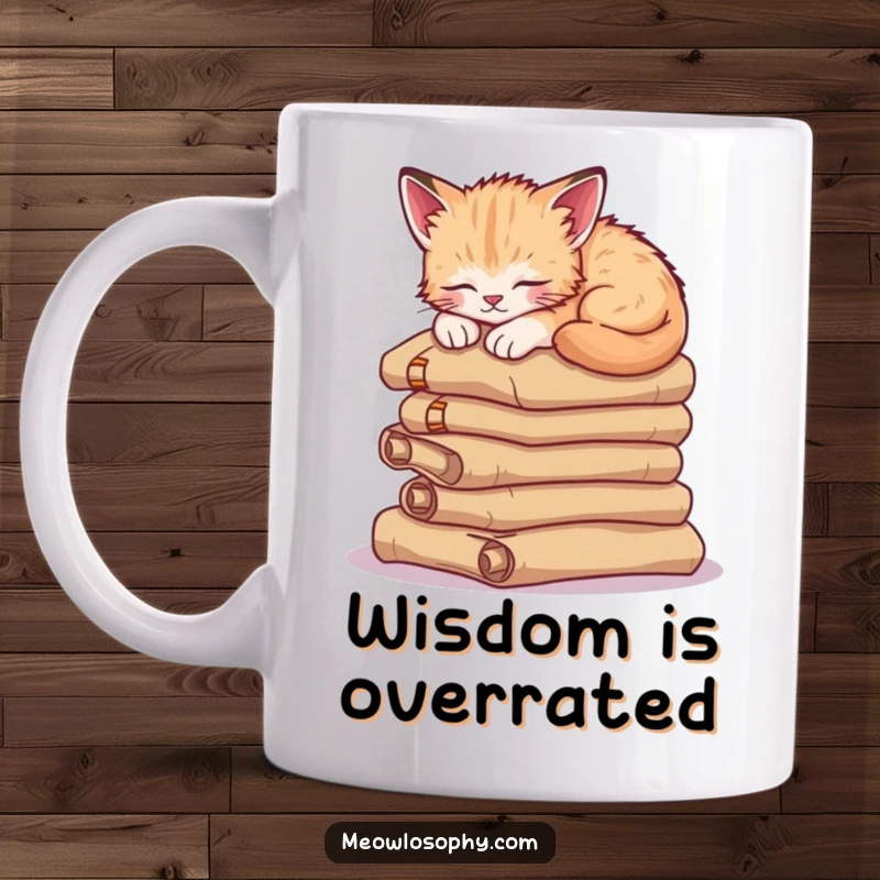 Funny sleepy kitten mug, curled peacefully atop a stack of ancient scrolls, exuding wisdom and comfort, a perfect gift.