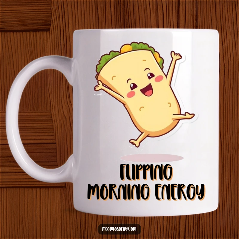 Funny Mug with an anthropomorphic tortilla character performing a joyful cartwheel with a flourish, radiating active fun.