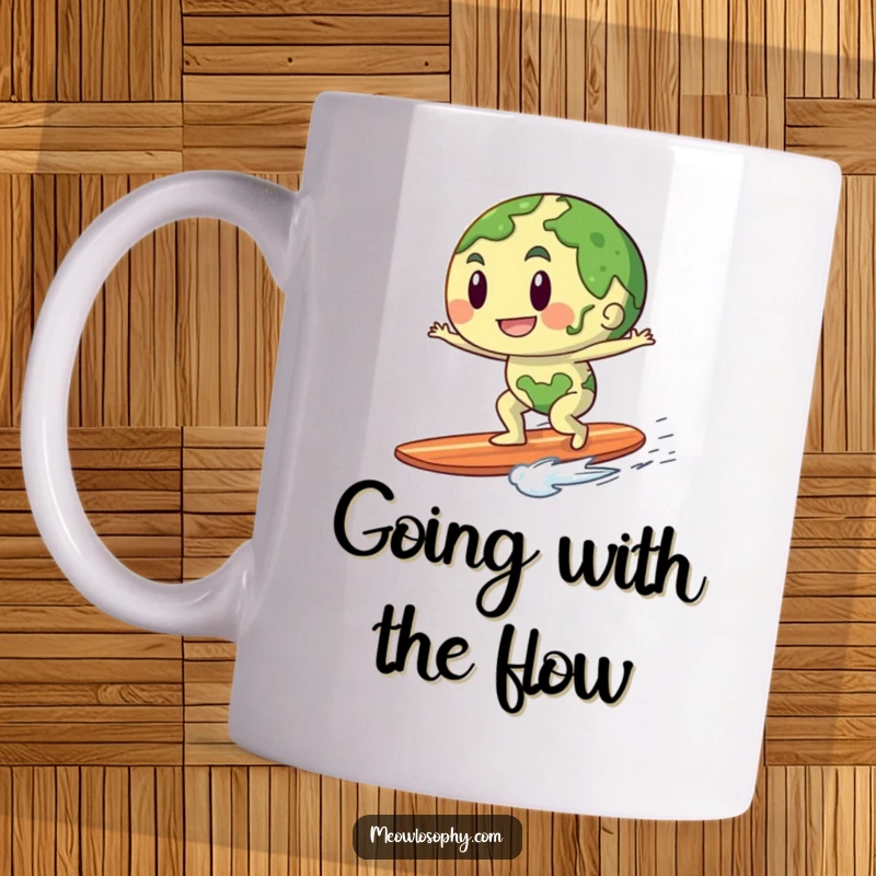 Funny mug with an anthropomorphic earth character playfully riding a gentle breeze like a surfboard with a smile.