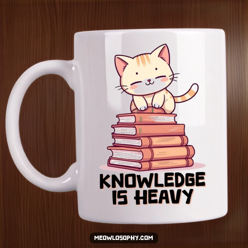 Funny cat mug with an adorable character attempting to balance on a stack of ancient books, humorous coffee cup for readers.