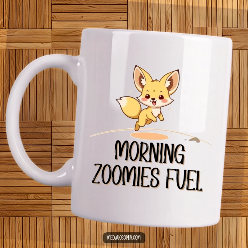 Funny Fennec Fox Mug shows a cute fox with wide ears, mid-zoomie, kicking up sand with pure, unadulterated happiness.