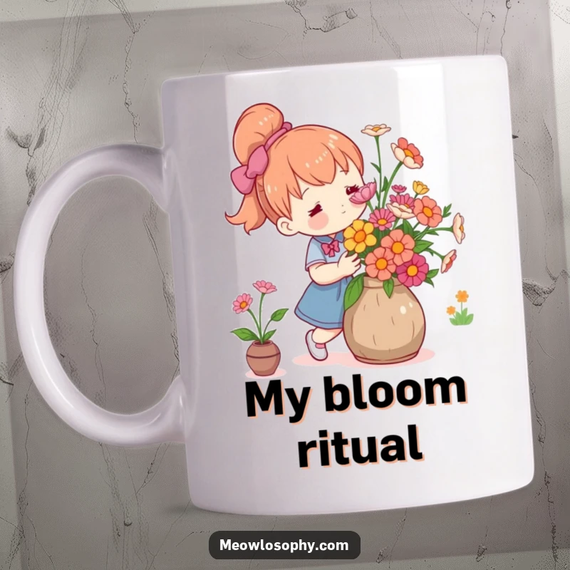 Funny cute character carefully arranging fresh flowers in a rustic vase with a gentle, caring expression on a mug.