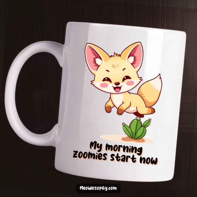 Funny Fennec fox mug with a happy fennec fox joyfully leaping over a tiny potted cactus, embodying playful desert energy.