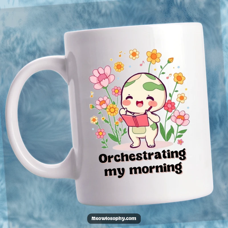 Funny mug with a cute earth character enthusiastically conducting a symphony of colorful blooming flowers with joy.