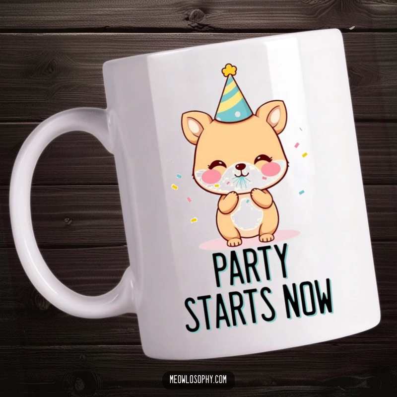 Funny Party Animal Mug featuring a cute character in a tiny hat, blowing a confetti popper. A joyous and humorous gift for celebrations.