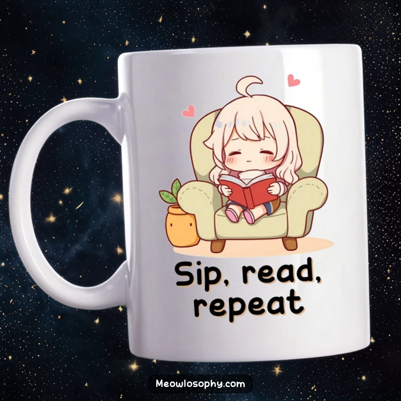 Funny character relaxing in a cozy armchair, reading a book with a happy, contented expression on a mug.