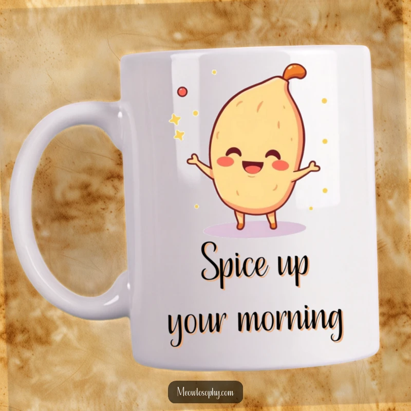 Funny Mug with a smiling fajita spice character playfully sprinkling shimmering sparkles in the air, adding magical flavor.