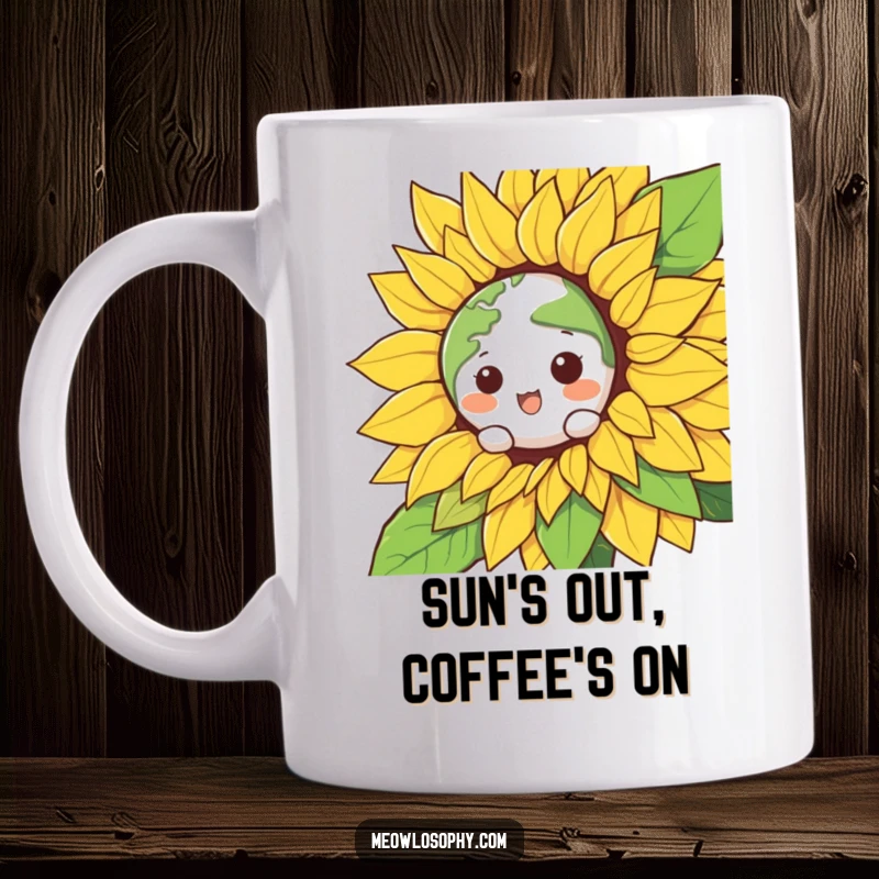 Funny Kawaii Earth character peeking playfully from a giant, smiling sunflower on a ceramic mug, exuding joy and nature's charm.