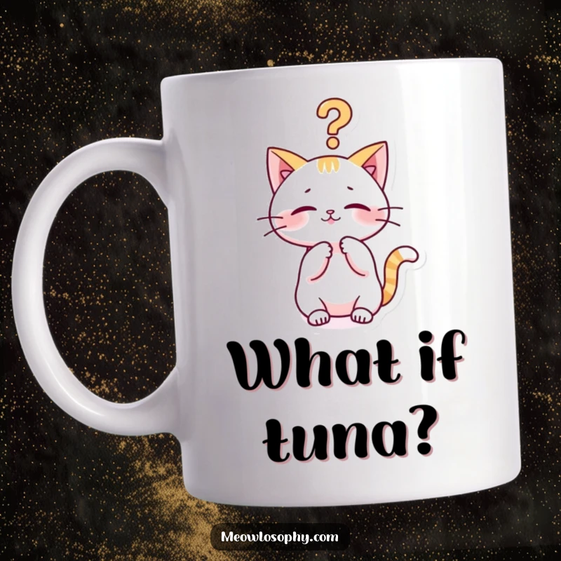 Funny kawaii cat mug with a cute character playfully batting at a philosophical question mark, humorous coffee cup for thinkers.