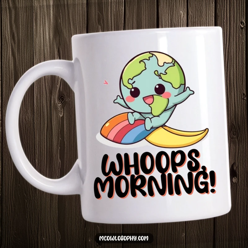 Funny mug with a kawaii earth character comically slipping on a bright rainbow banana peel, capturing a moment of hilarious chaos.