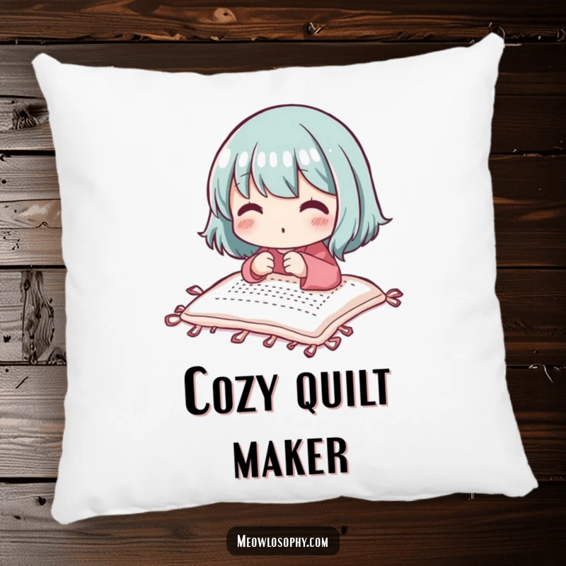 Funny adorable character stitching a small quilt with focused delight, featured on a soft decorative pillow.