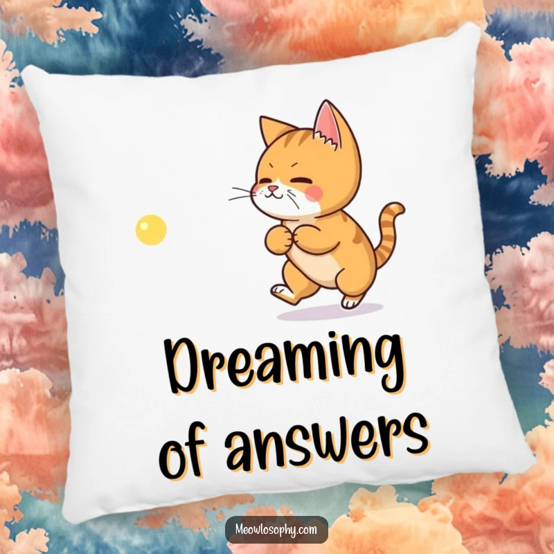Funny pillow featuring a ginger cat chasing a laser dot shaped like a philosophical symbol, for cozy pondering.