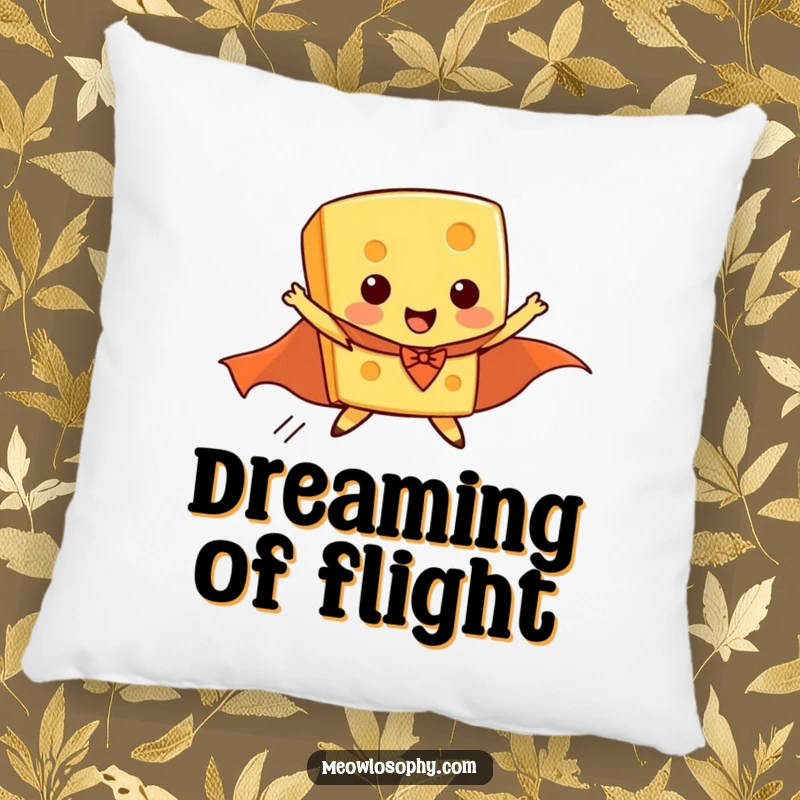 Funny pillow graphic of a piece of cheese wearing a superhero cape, comically attempting flight.